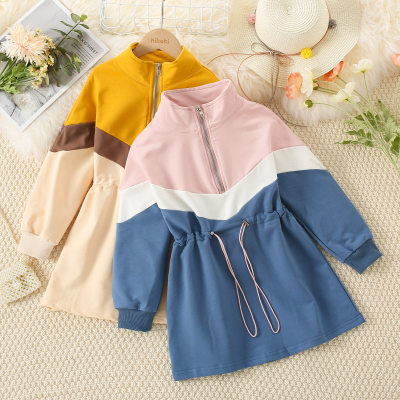 Kid Girl Color-block Stand Up Collar Drawstring Long Sleeve A-line Dress