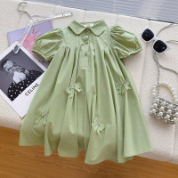 Girls Dress Puff Sleeve Summer Style 2024 New Style Polo Collar Casual Skirt for Medium and Large Children  Green