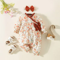 Baby Solid Color Floral Bowknot Decor Long Sleeve long-leg romper With Headband  Floral color