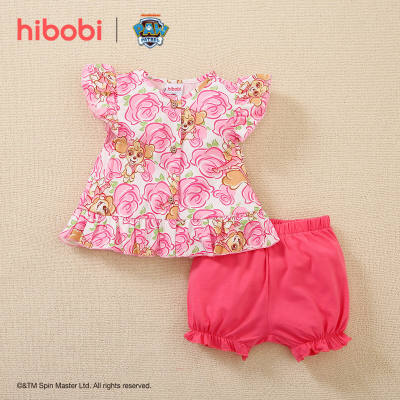hibobi×PAW Patrol  Baby Girl Cartoon Print Ruffle Short Sleeve  T-shirt and Pants Set