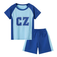 ملابس رياضية للأطفال للأولاد بأكمام قصيرة مكونة من قطعتين لملابس الأطفال المتوسطة والكبيرة سريعة الجفاف  أزرق