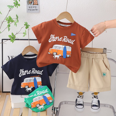 Bebê bonito impresso camisetas verão novas roupas infantis de manga curta meninos ternos de verão conjunto de duas peças uma peça