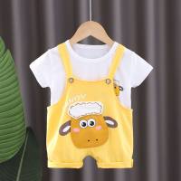 Summer new boys and girls solid color casual short-sleeved suits little sheep overalls baby summer two-piece suit  Yellow