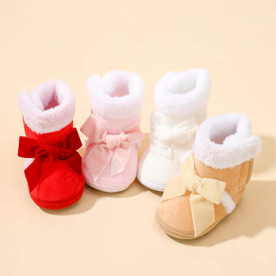 Baby Girl Bowknot Decor High-top Non-slip ETC Soles Velcro Cotton-padded Shoes