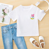 100% cotton 2024 new style girls short-sleeved T-shirt with stylish cartoon print loose baby casual top  White