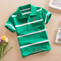 Camiseta de manga curta infantil de algodão puro verão roupas infantis camisa polo listrada  Verde