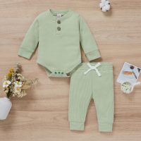 Baby Solid Color 100% Cotton Knitting Long Sleeve Romper & Pants  Light Green