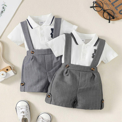 Baby Boy Embroidered Bear Pattern Polo Collar T-shirt & Suspender Shorts