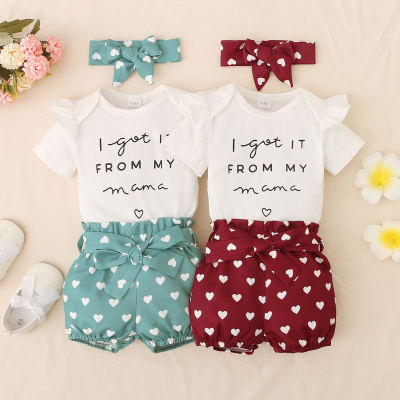 Baby Girl Letter Pattern Bodysuit & Polka dot Shorts & Headband