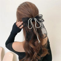 Mädchen-Haarnadel mit Schleife und Blumenstickerei aus Netzstoff  Schwarz