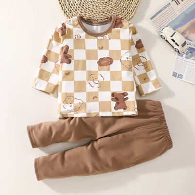 2-piece Toddler Boy Plaid Bear Printed Long Sleeve Top & Matching Pants