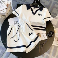 Girls leisure suits summer new style medium and large children's short-sleeved letter shorts two-piece suit  White