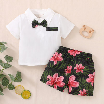Baby Boy Shirt Collar Bowtie Top Floral Print Pant