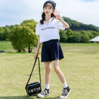 Summer girls fashion suits summer clothes for middle and large children short-sleeved Polo collar tops and shorts student sportswear two-piece suit  White