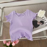 Girls Fashionable Back Cross Short Sleeve T-Shirt 2024 Summer New Korean Style Children's Solid Color Versatile Casual Top  Purple