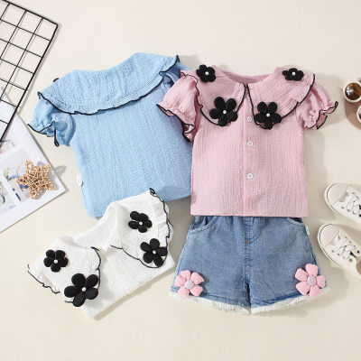 2-piece Toddler Girl Solid Color Lapel Flower Decor Short Sleeve Top & Matching Denim Shorts