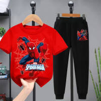 Ropa para niños Spider-Man, pantalones de manga corta, dos piezas, primavera y verano, nuevos trajes para niños, trajes para niños mayores, ropa para niños guapos, trajes de moda  rojo