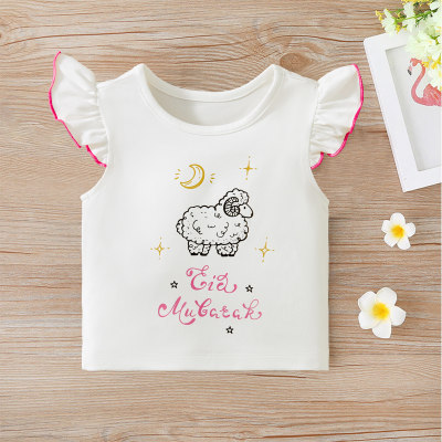 Camiseta linda de Eid al-Adha con estampado de ovejas y mangas voladoras de verano para niñas