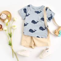 Meninos verão terno dos desenhos animados roupas de bebê animal roupas de bebê puro algodão de manga curta camiseta shorts duas peças  Azul
