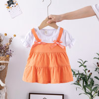 Roupas de verão para bebês meninas princesa cor sólida vestido de manga curta saia infantil  laranja