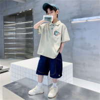 Children's English alphabet summer suit for middle and large boys short-sleeved jeans POLO shirt two-piece suit  Khaki