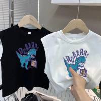 Chaleco de bebé para niños Dinosaurio de media manga para niños y niñas Moda casual Impresión de verano Versión coreana Cuello redondo Versátil Suelto  Negro