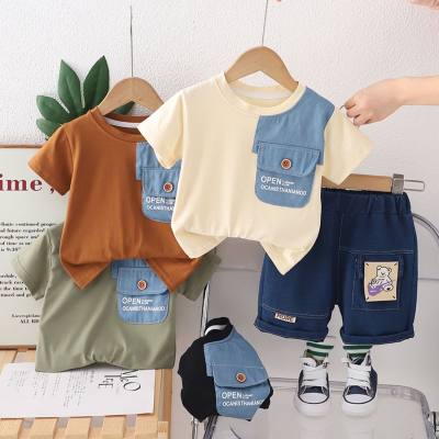 Boys summer suits stylish 2024 new handsome children's short-sleeved two-piece suits summer patchwork children's clothes trendy denim patchwork suits