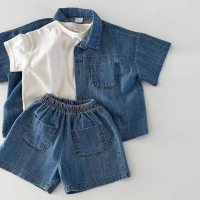 Ins Koreanischer Stil für Kleinkinder, Männer und Frauen, kurzärmeliges Denim-Hemd mit Taschen, Shorts, Anzug, Sommermode-Set  Tiefes Blau