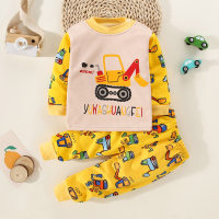 2-piece Toddler Boy Excavator Pattern Printed Long Sleeve Top & Matching Pants  Yellow