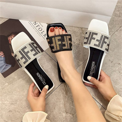 Large size slippers for women summer outdoor wear square toe sandals flat bottom letter beach slippers for women
