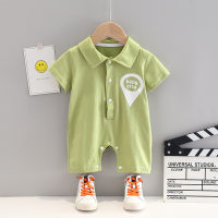Work style baby jumpsuit, summer cotton short-sleeved lapel crawler, loose and western-style outdoor clothing for men and women  Green
