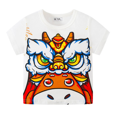 Children's clothing new Chinese style lion koi lucky cat print children's short-sleeved style T-shirt festive New Year's top