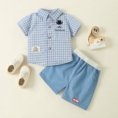 Toddler Boy Plaid Solid Mustache Top & Shorts