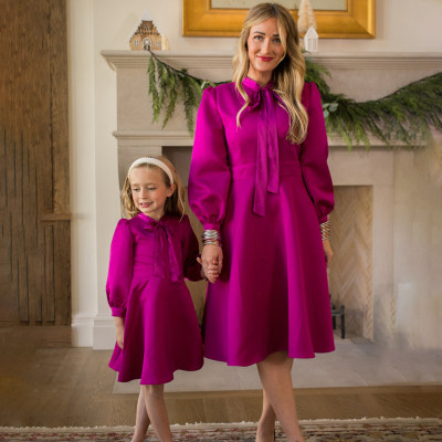 Sweet Solid Color Long Sleeve Dress for Mom and Me