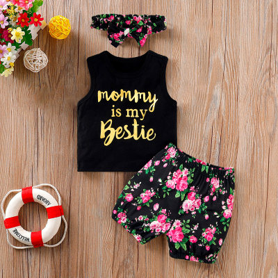 Baby Letter Printed Top & Floral Shorts with Headband