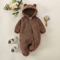 Baby Solid Color Hooded Zip-up Fleece-lined Long-sleeved Long-leg Plush Romper  Coffee