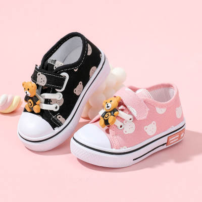 Toddler Girl Cartoon Bear Pattern Lace-up Decor Velcro Chaussures en toile à faible adhérence