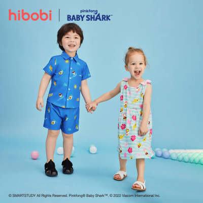 hibobi x Baby Shark Toddler Boys غير رسمية مطبوعة عليها رسوم متحركة من القطن بلوزات وسراويل