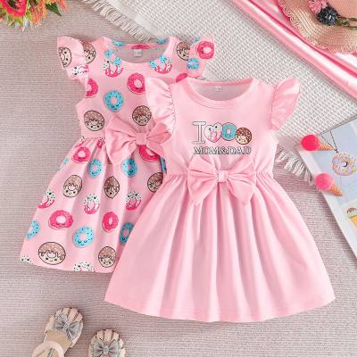 Cross-border wholesale full print + solid color infant and toddler fashion versatile and cute donut honey flower flying sleeve two-piece suit