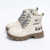 Kid Girl PU Leather Color-block Letter Pattern Lace-up Martin Boots  White