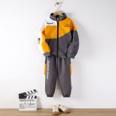 2-piece Kid Boy Color-block Letter Printed Stand Up Collar Zip-up Jacket & Color-block Letter Printed Pants