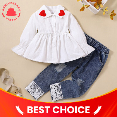 Toddler Heart-shaped Shirt Collar Top & Lace Jeans
