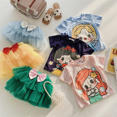 Conjunto de camiseta para niñas, top de manga corta con dibujos animados de dos piezas + falda de princesa de malla