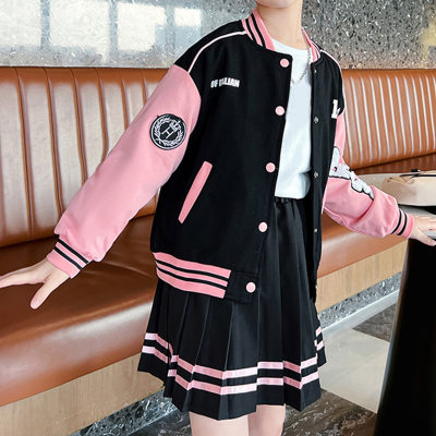 3-piece Kid Girl Letter Printed Long Sleeve Top & Color-block Number and Letter Pattern Button-up Baseball Jacket & Pleated Skirt