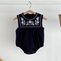 ins summer thin baby sleeveless vest bag fart clothing baby girl embroidered square collar navy style jumpsuit  Navy Blue