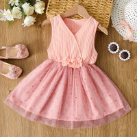 فستان شبكي مخطط بزهرة الحب  وردي 