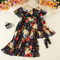 Sweet Floral Print Square Neck Long Dress for Mom and Me  Black