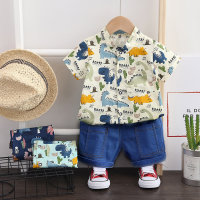 Korean version of children's clothing, summer new style, small and medium-sized children's boys' cross-border foreign trade new style dinosaur shirt and jeans suit  Beige