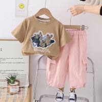 2024 summer new style girls cartoon round neck short-sleeved suit baby girl summer casual trousers short-sleeved two-piece suit  Khaki
