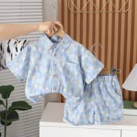 2024 new children's lapel shirt suit girls summer clothes boys Korean version printed shorts girls and boys clothes  Blue